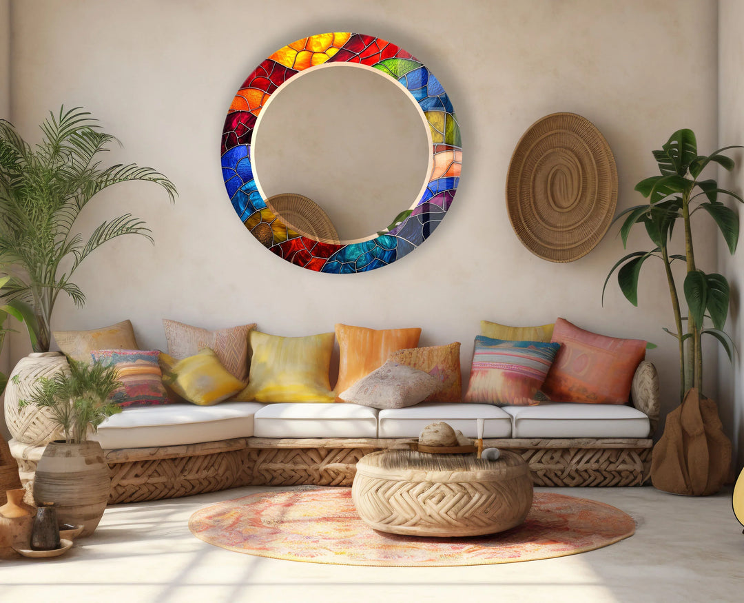 Colorful Stained Glass Round Mirror – Mosaic Frame Wall Accent - MyPhotoStation