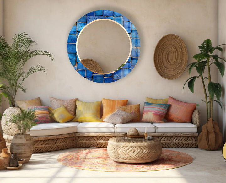 Blue Mosaic Round Wall Mirror – Coastal Glass Frame for Modern Home Decor - MyPhotoStation