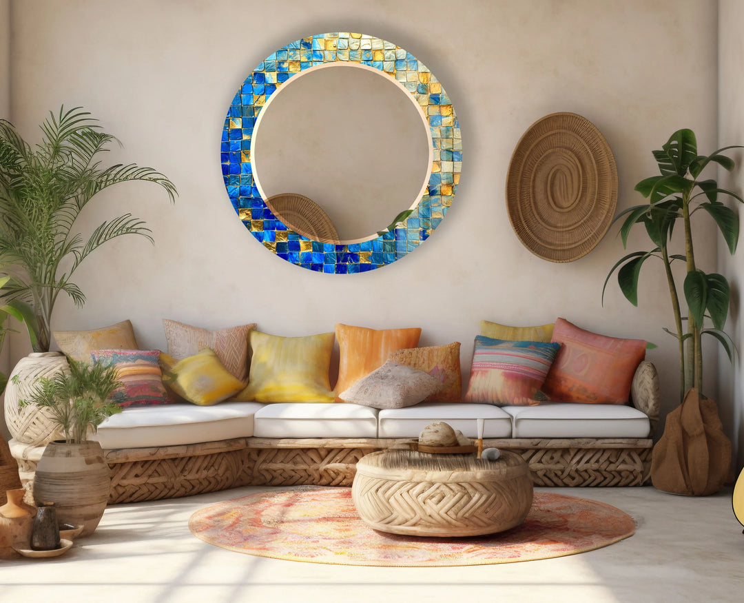 Blue & Gold Mosaic Round Mirror – Elegant Wall Accent for Homes - MyPhotoStation