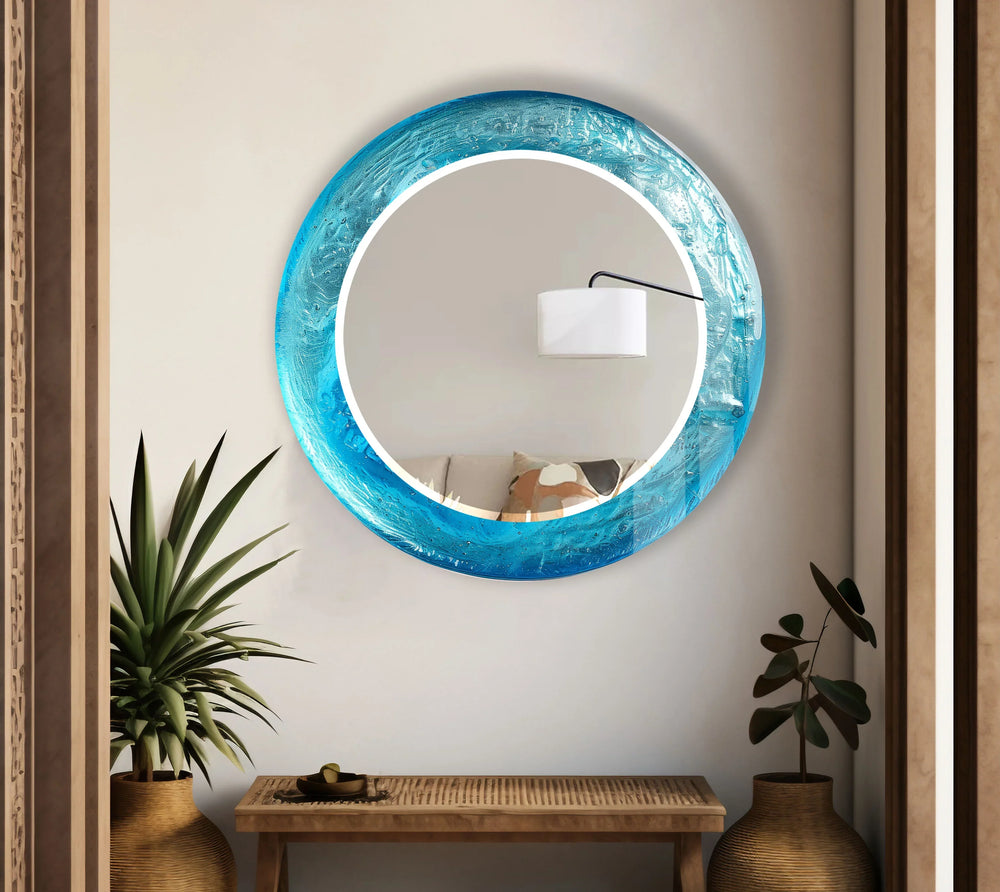 Blue Ocean Round Mirror – Textured Glass Frame for Wall Decor - MyPhotoStation