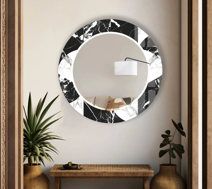 Black & White Marble Round Mirror – Elegant Modern Wall Accent - MyPhotoStation