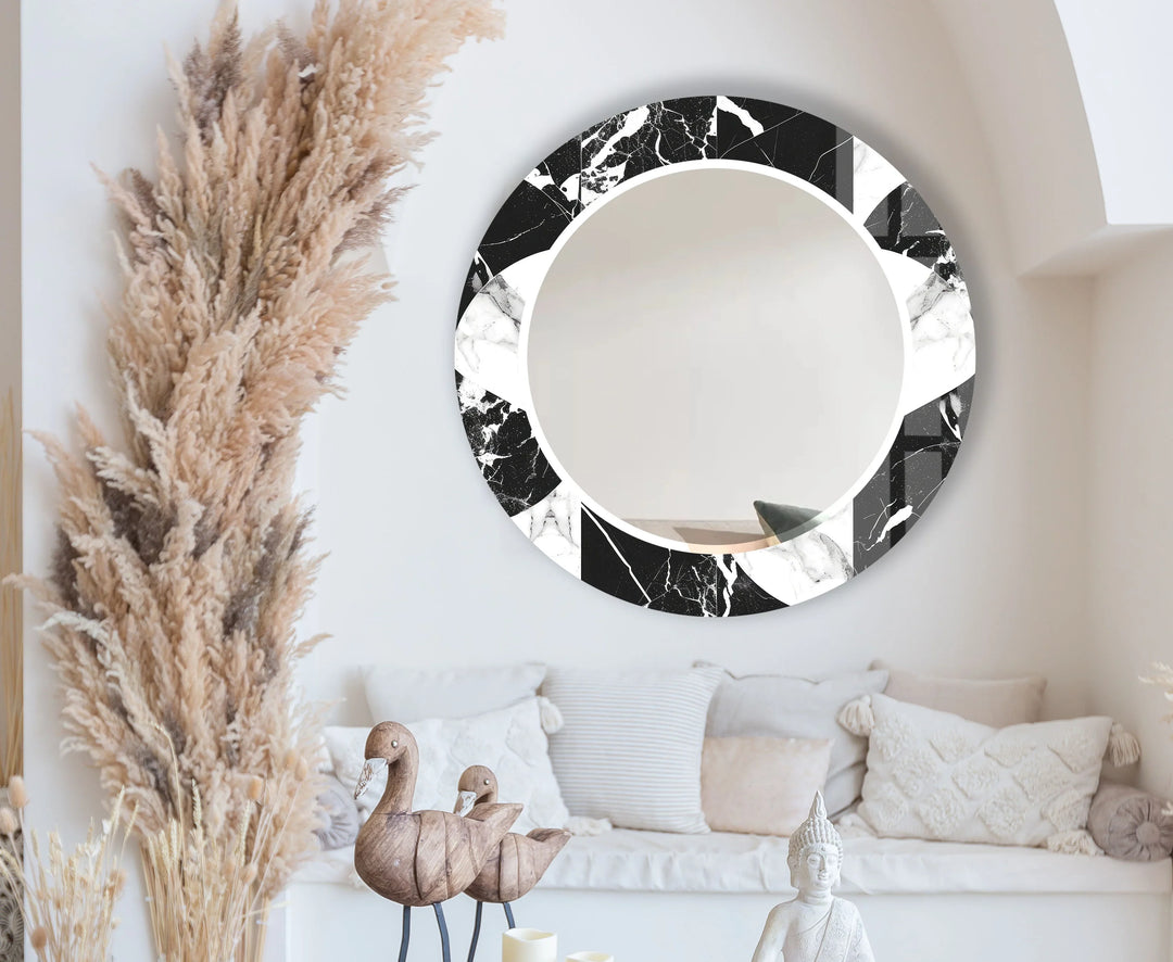 Black & White Marble Round Mirror – Elegant Modern Wall Accent - MyPhotoStation