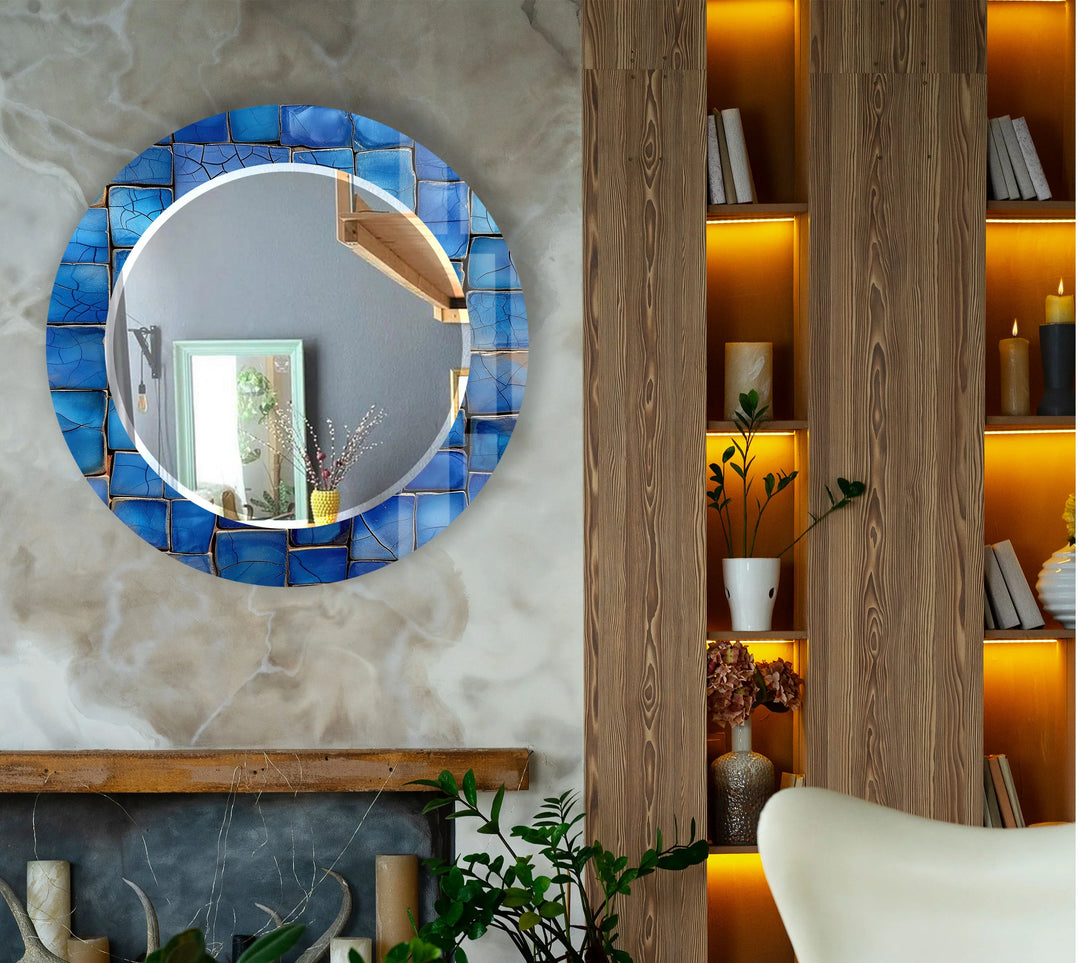 Blue Mosaic Round Wall Mirror – Coastal Glass Frame for Modern Home Decor - MyPhotoStation