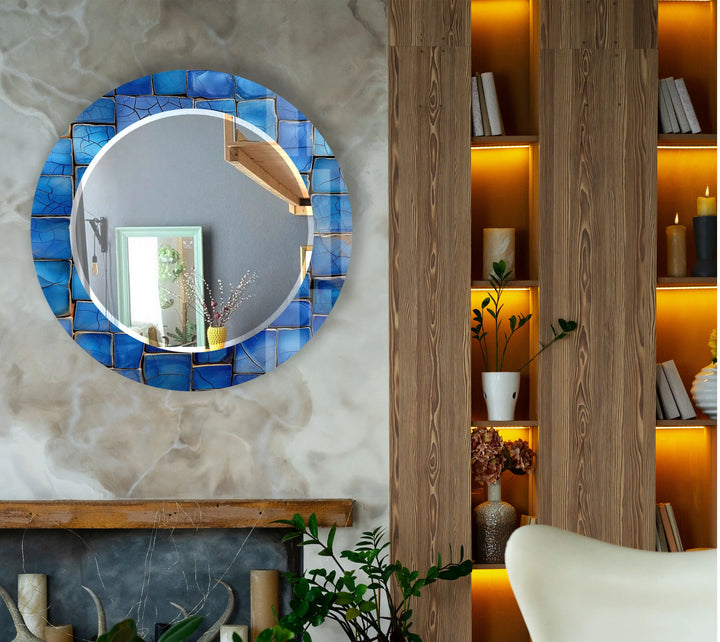 Blue Mosaic Round Wall Mirror – Coastal Glass Frame for Modern Home Decor - MyPhotoStation