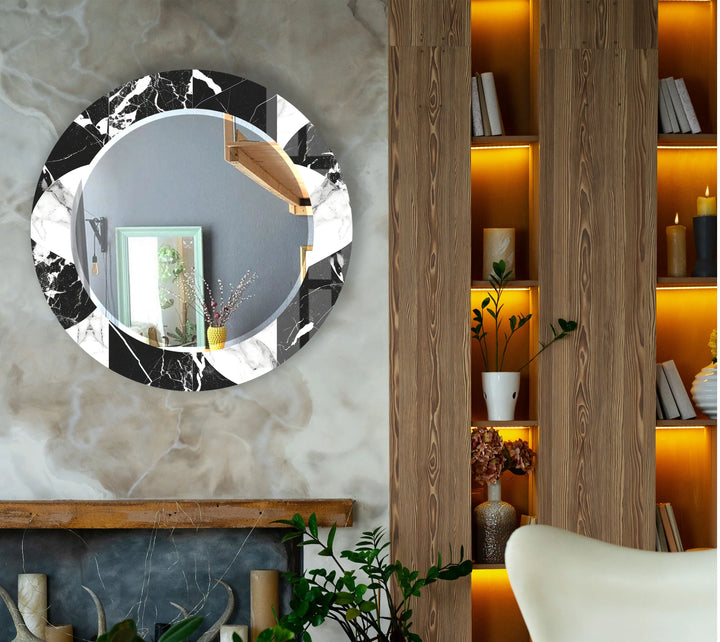 Black & White Marble Round Mirror – Elegant Modern Wall Accent - MyPhotoStation