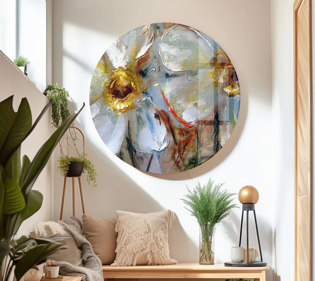 Daisy Oil Paint Glass Wall Art, Glass Printing Wall Art, Print photos on glass