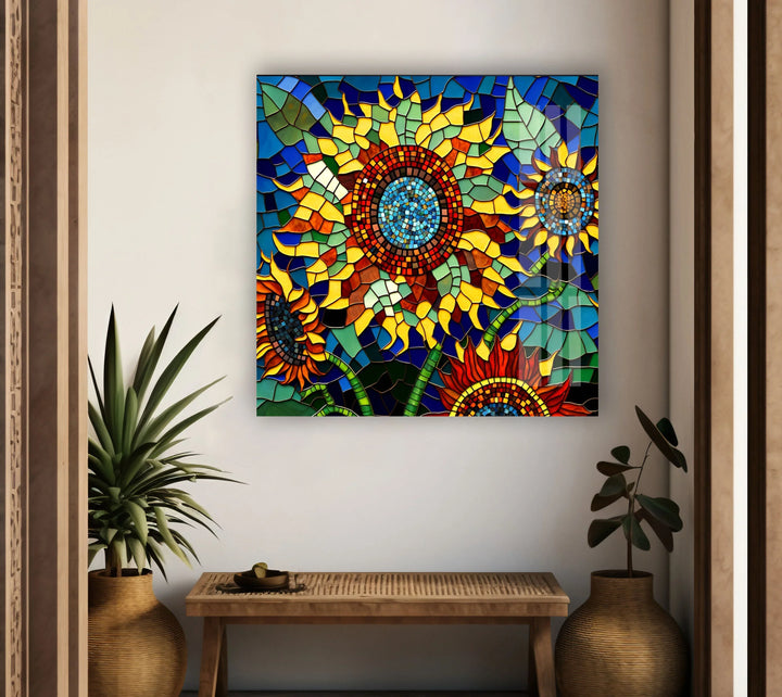 Mosaic Of Sunflowers Glass Wall Art, custom glass pictures, glass art prints