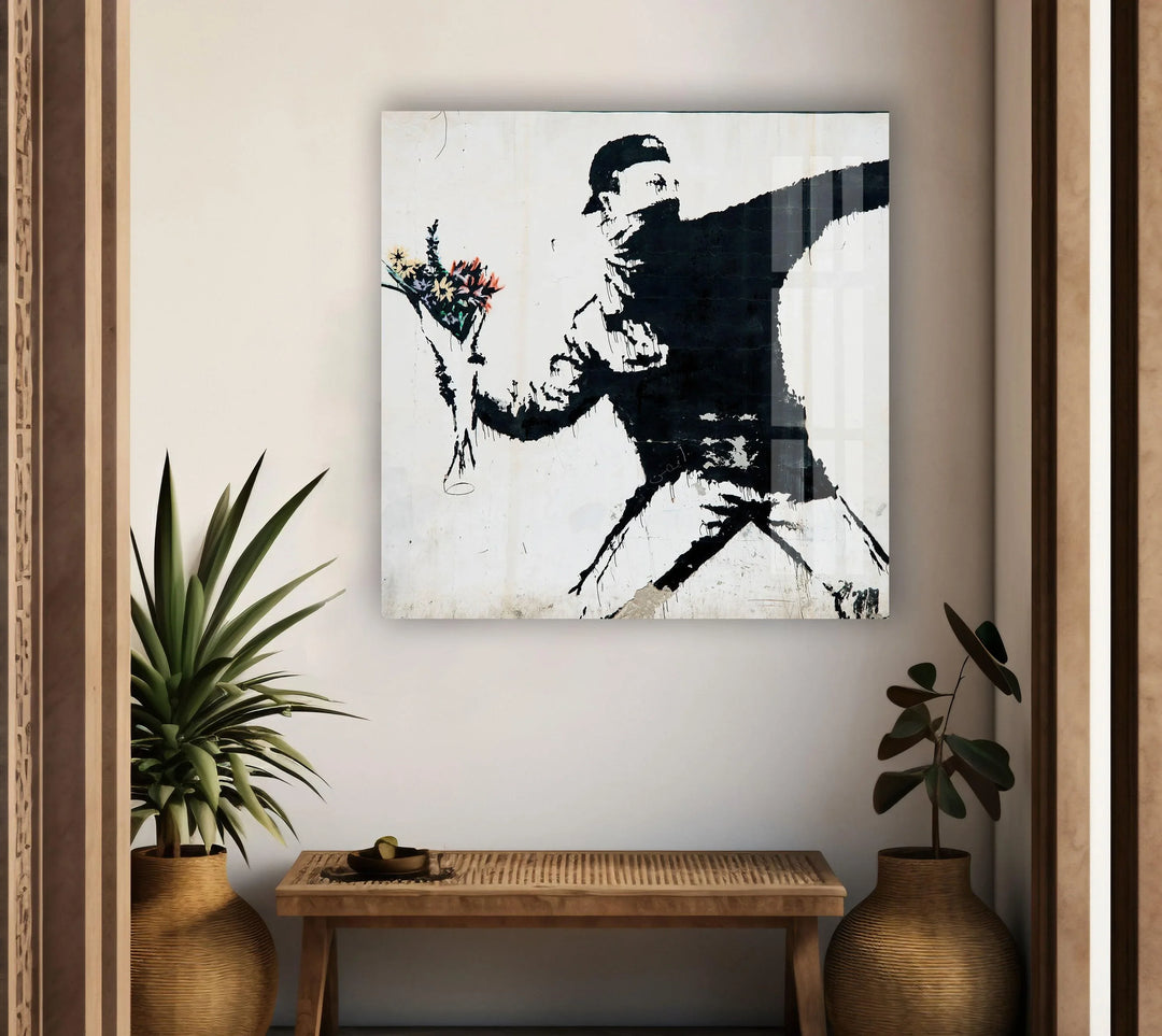 Banksy Flower Thrower Tempered Glass Wall Art - MyPhotoStation - Explore our collection today and discover the perfect Banksy artwork for sale that speaks to you. With our extensive range of Banksy prints, you are sure to find the ideal piece to complement your home decor. Elevate your space with the provocative and iconic style of Banksy, and make a statement with our exclusive glass wall art.