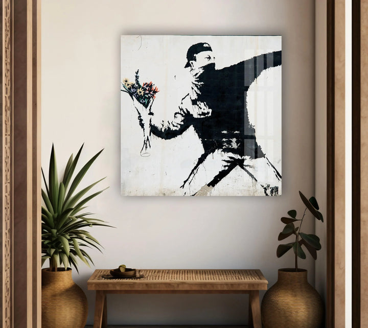 Banksy Flower Thrower Tempered Glass Wall Art - MyPhotoStation - Explore our collection today and discover the perfect Banksy artwork for sale that speaks to you. With our extensive range of Banksy prints, you are sure to find the ideal piece to complement your home decor. Elevate your space with the provocative and iconic style of Banksy, and make a statement with our exclusive glass wall art.