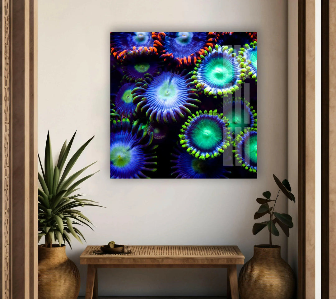 Vibrant bioluminescent sea creatures in a deep ocean-inspired artwork.