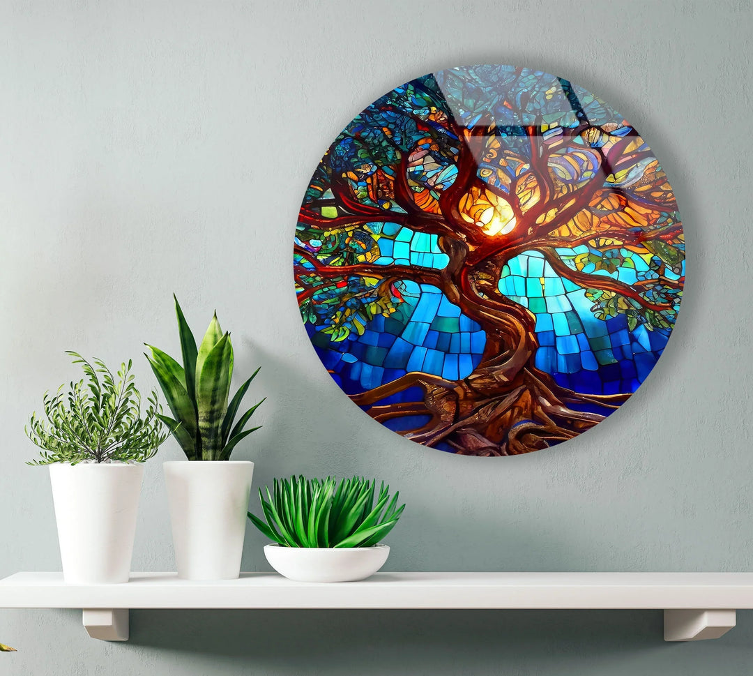 Stained Blue Life of Tree Glass Wall Art  glass pictures for Wall, glass prints wall art