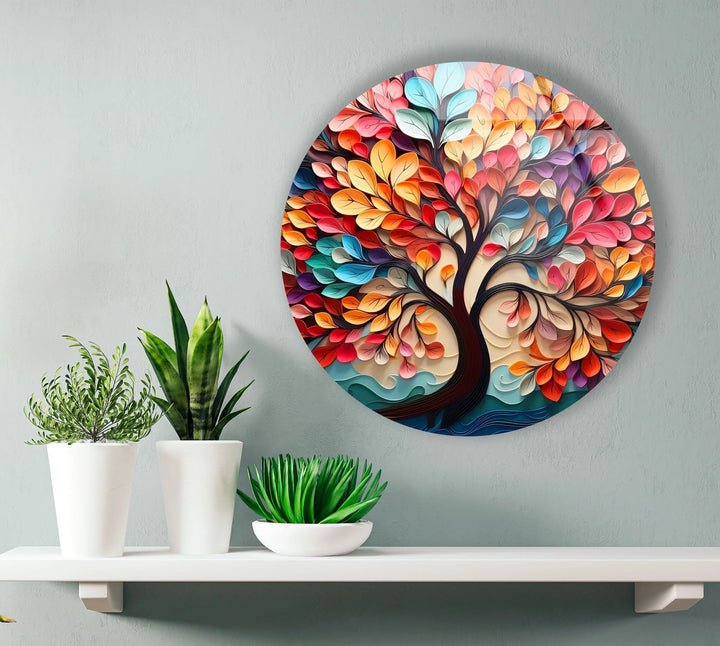 Whimsical Rainbow Tree Round Wall Art – Multicolor Glass Wall Decor for Living Room & Office - MyPhotoStation