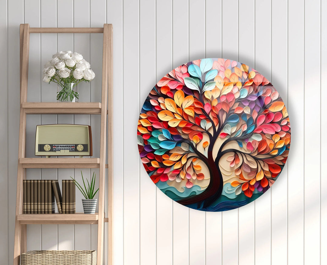 Whimsical Rainbow Tree Round Wall Art – Multicolor Glass Wall Decor for Living Room & Office - MyPhotoStation