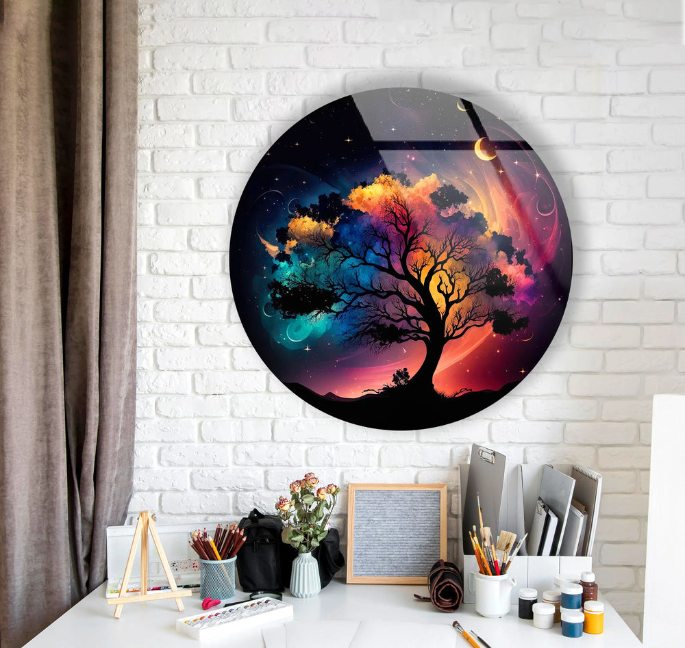 Cosmic Tree of Life Round Wall Art – Colorful Galaxy Glass Decor for Dreamy Interiors - MyPhotoStation