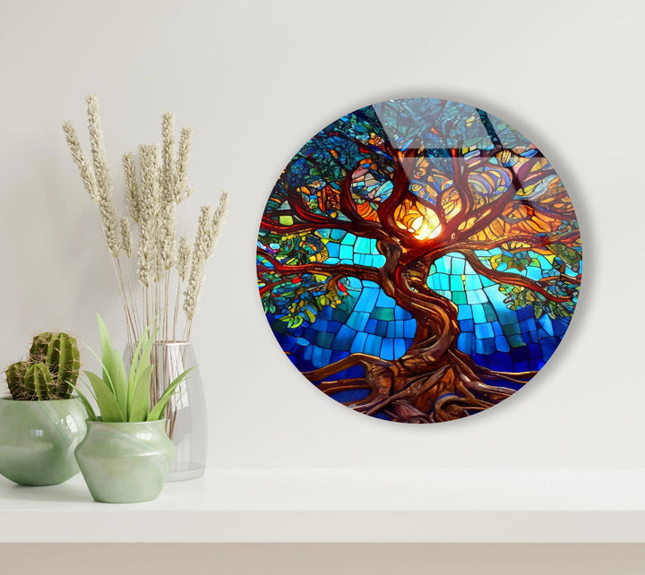 Stained Blue Life of Tree Glass Wall Art  glass photo prints, glass picture prints