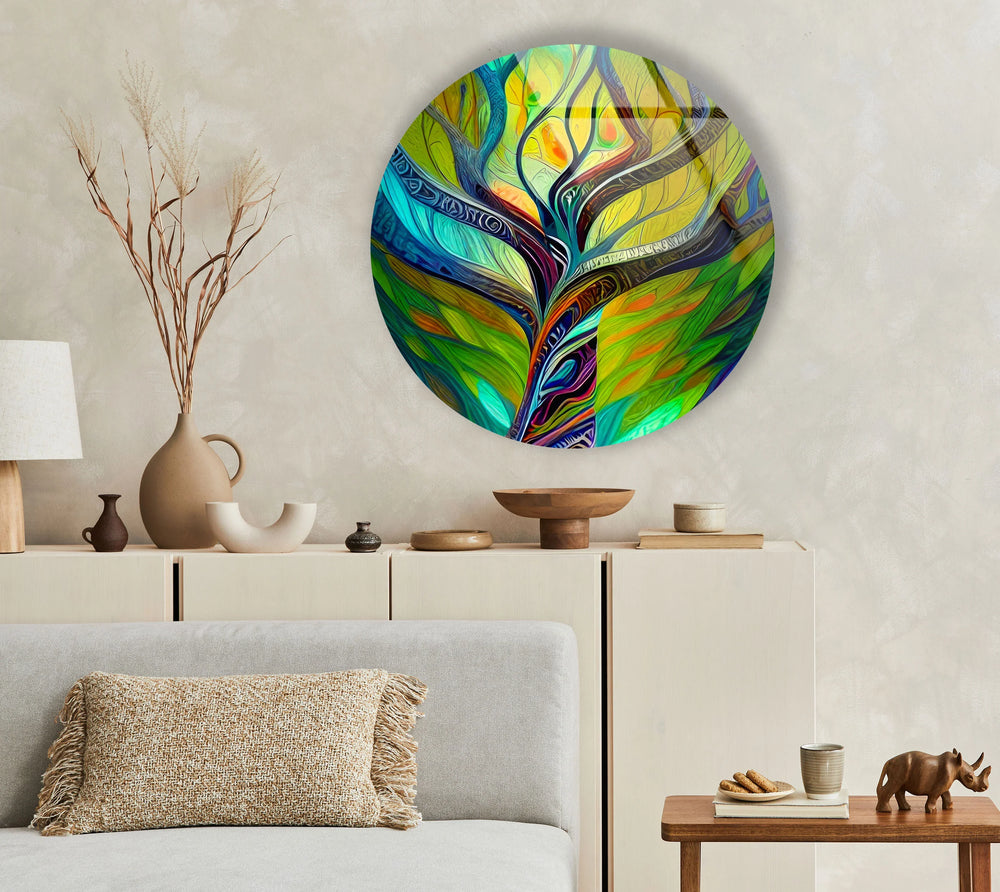 Colorful Tree of Life Round Wall Art – Vibrant Abstract Glass Decor for Modern Homes - MyPhotoStation