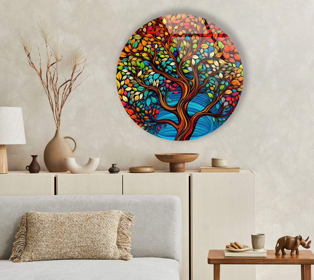 Vibrant Tree of Seasons Round Wall Art – Colorful Glass Wall Décor for Modern Interiors - MyPhotoStation