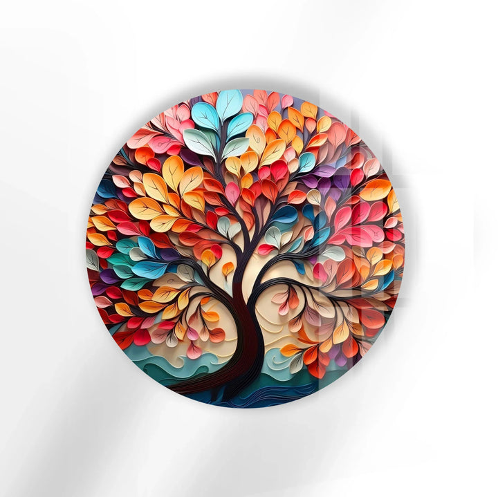 Whimsical Rainbow Tree Round Wall Art – Multicolor Glass Wall Decor for Living Room & Office - MyPhotoStation