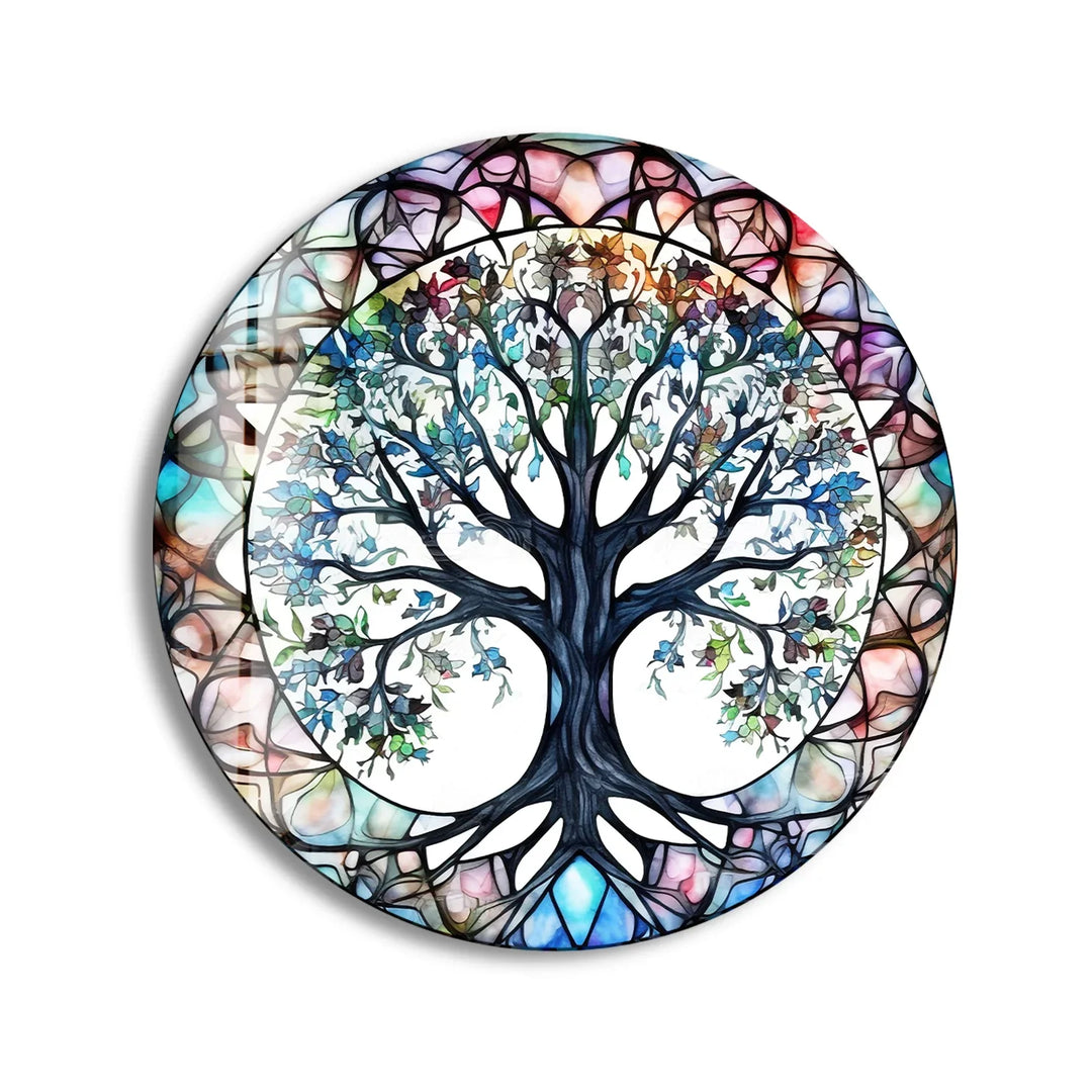 Stained Glass Tree of Life Round Wall Art – Vibrant Symbolic Glass Decor - MyPhotoStation