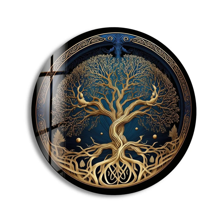 Golden Celtic Tree of Life Round Glass Wall Art – Spiritual Nature Decor - MyPhotoStation