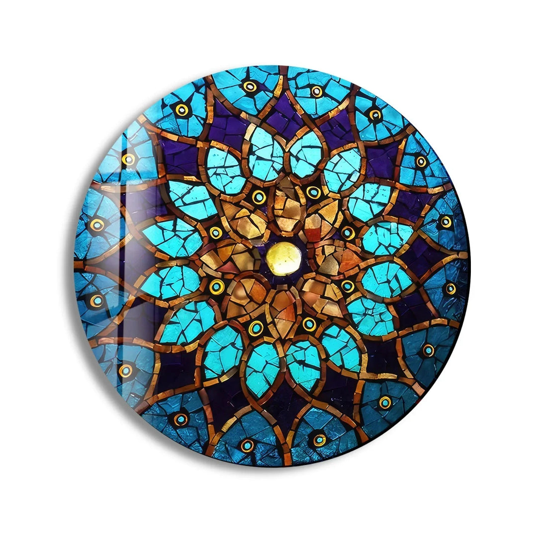 Blue Mosaic Design Round Glass Wall Art print picture on glass, Tempered Glass Wall Art