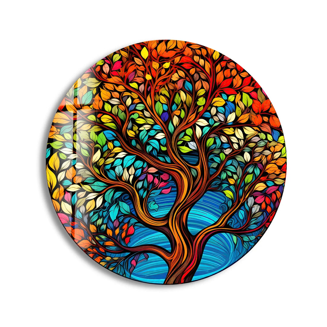 Vibrant Tree of Seasons Round Wall Art – Colorful Glass Wall Décor for Modern Interiors - MyPhotoStation