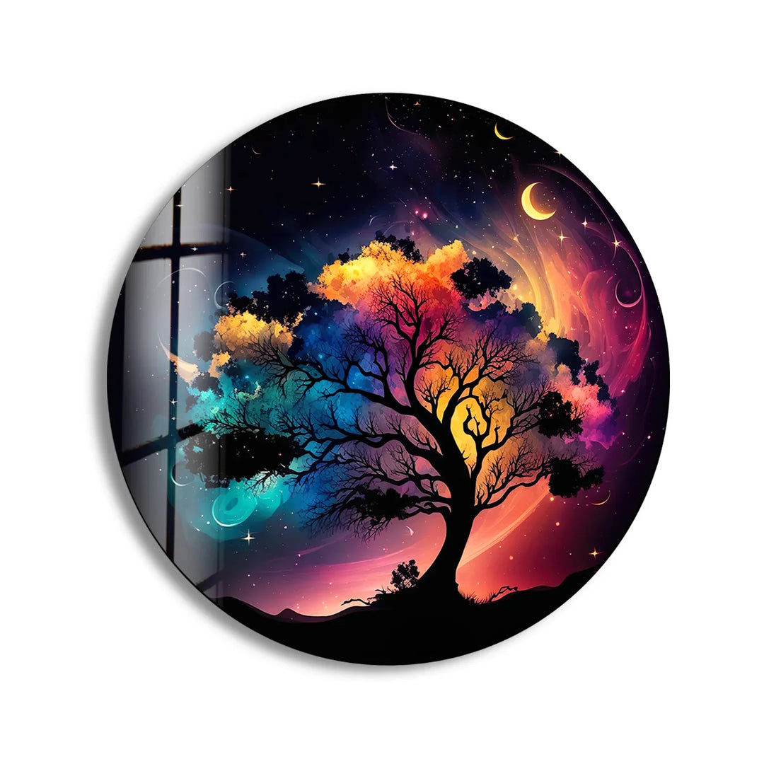 Cosmic Tree of Life Round Wall Art – Colorful Galaxy Glass Decor for Dreamy Interiors - MyPhotoStation