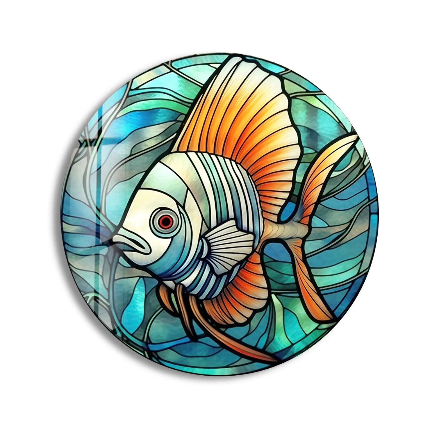 View of Blue Fish Round Glass Wall Art-Print On Glass