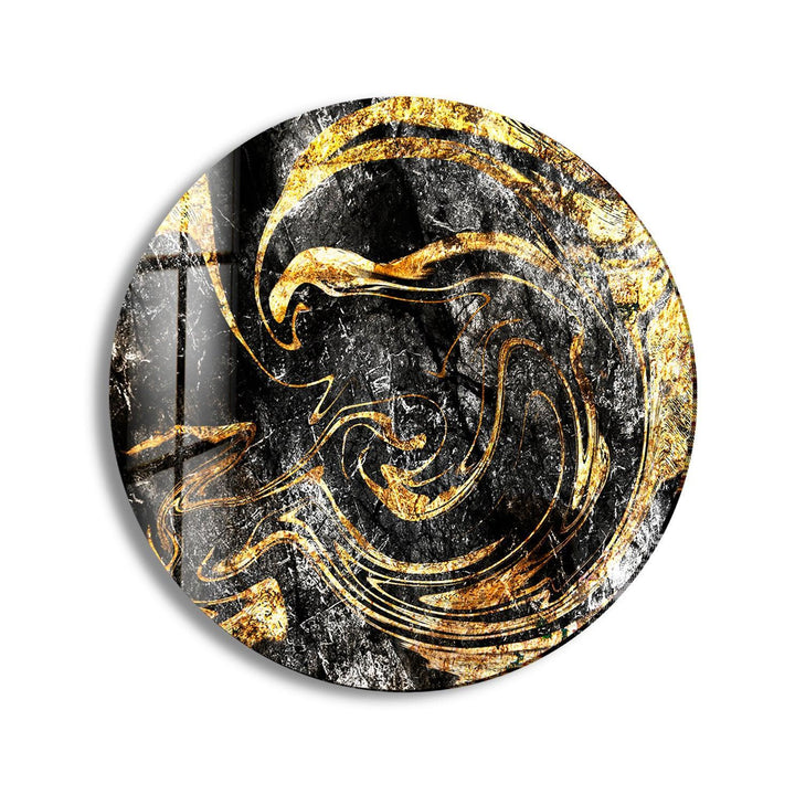 Golden Details Black Abstract Round Glass Wall Art print picture on glass, Tempered Glass Wall Art