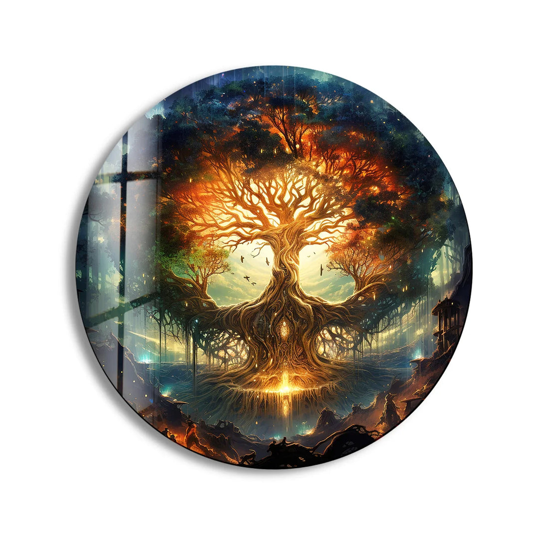Mystical Tree of Life Round Wall Art – Fantasy Glass Print with Glowing Roots and Branches - MyPhotoStation