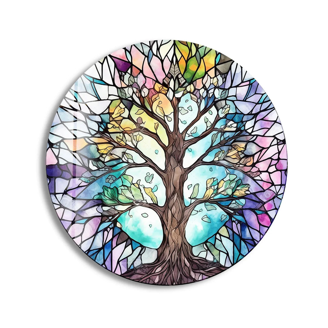 Stained Glass Tree of Life Round Wall Art – Pastel Rainbow Glass Decor - MyPhotoStation