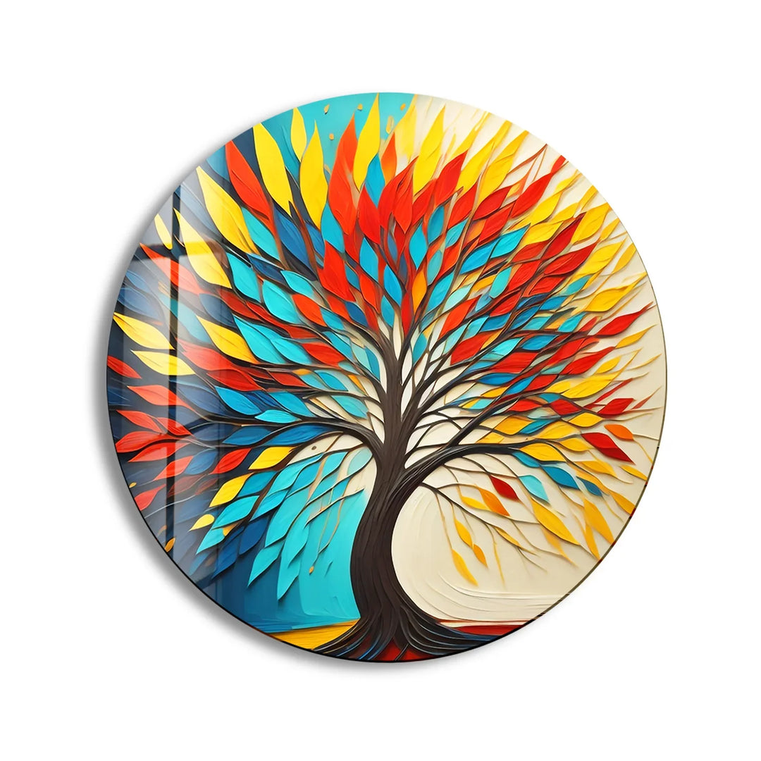 Vibrant Abstract Tree Round Wall Art – Colorful Modern Glass Decor for Home - MyPhotoStation