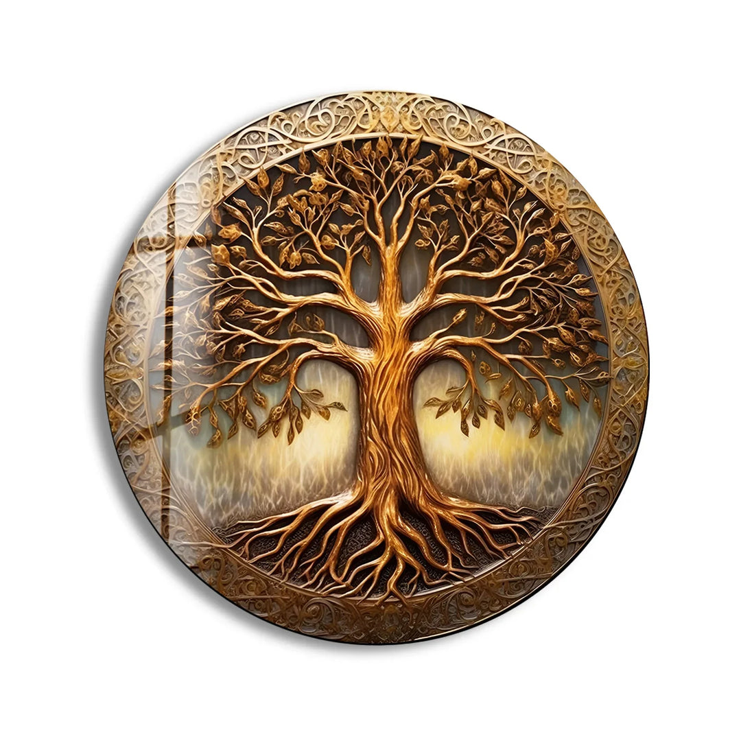 Golden Tree of Life Round Glass Wall Art – Celtic Inspired Spiritual Decor - MyPhotoStation