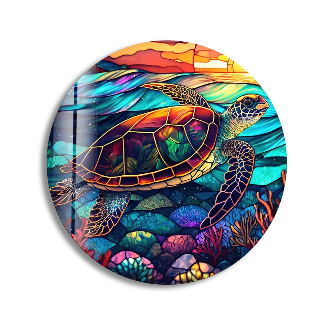 Sea Turtle Colored Round Glass Wall Art glass photo prints, glass picture prints