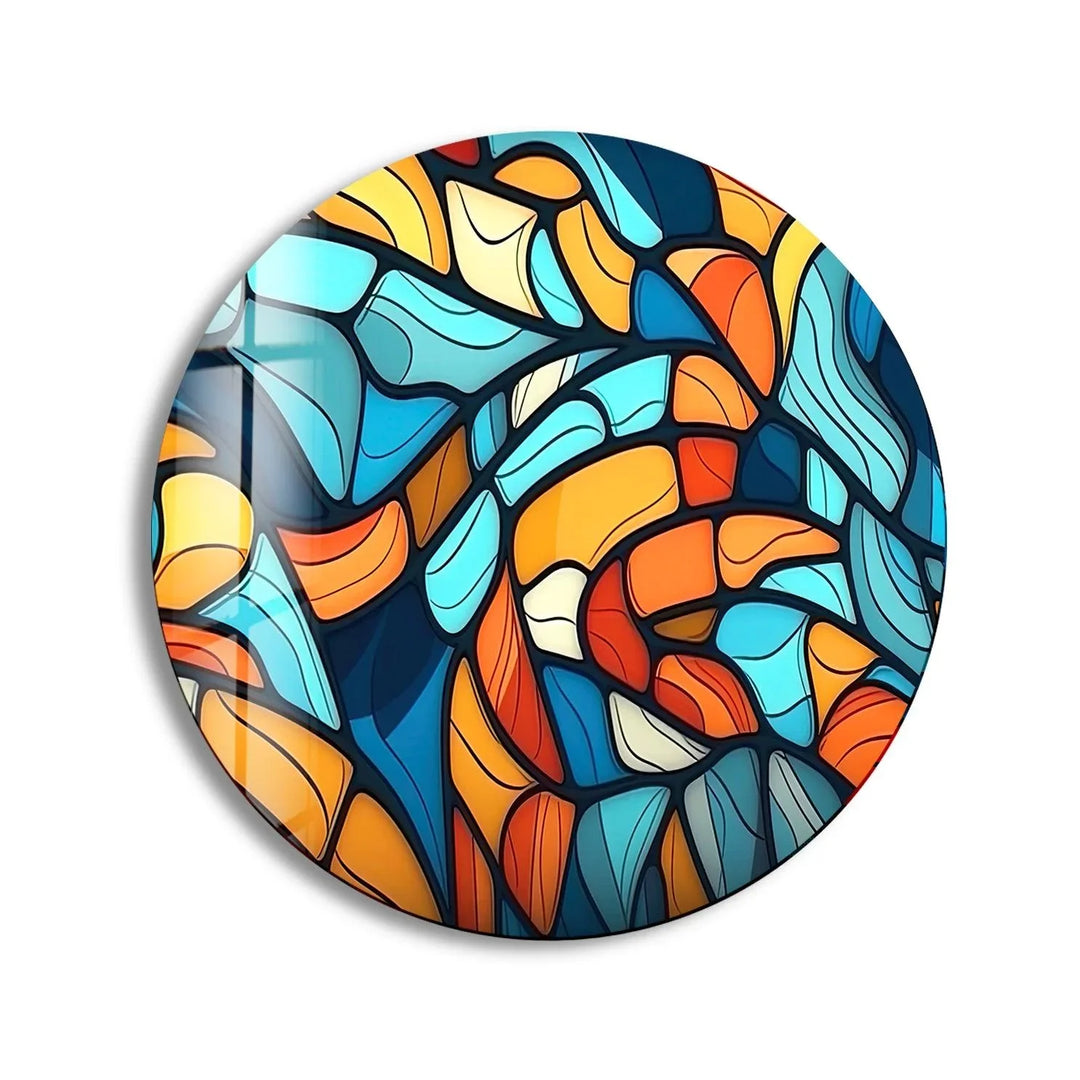 Blue & Orange Mosaic Round Glass Wall Art print on glass, glass printed photos