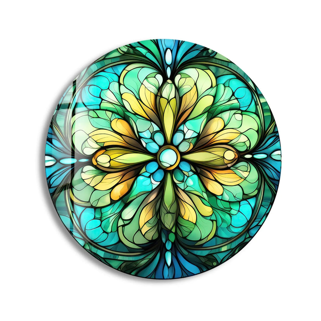 Big Green Flower Stained Round Glass Wall Art print picture on glass, Tempered Glass Wall Art