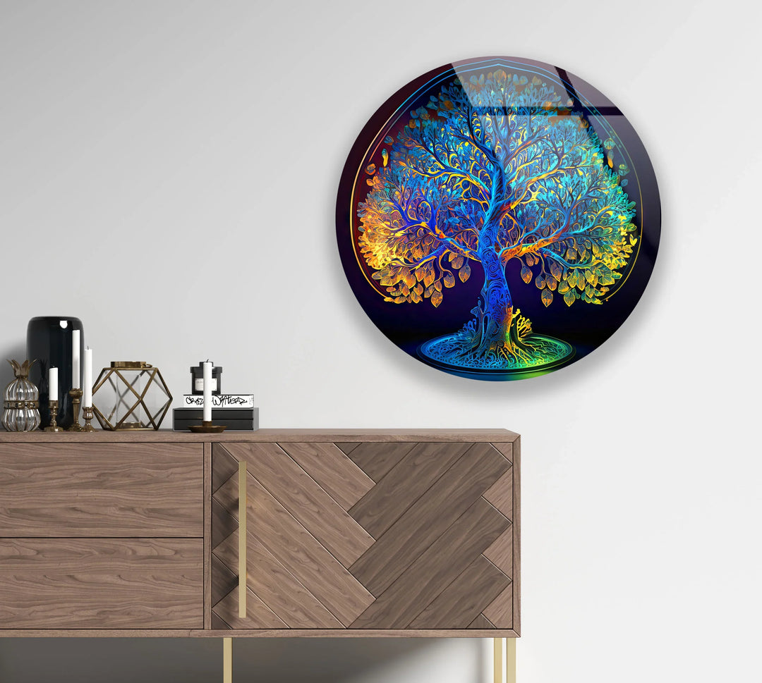 Rainbow Tree of Life Wall Art – Round Glass Decor with Vivid Gradient Colors - MyPhotoStation
