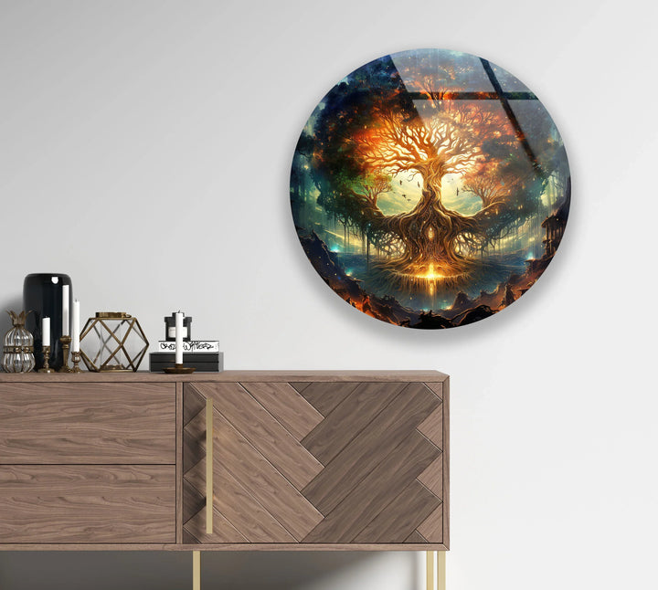 Mystical Tree of Life Round Wall Art – Fantasy Glass Print with Glowing Roots and Branches - MyPhotoStation