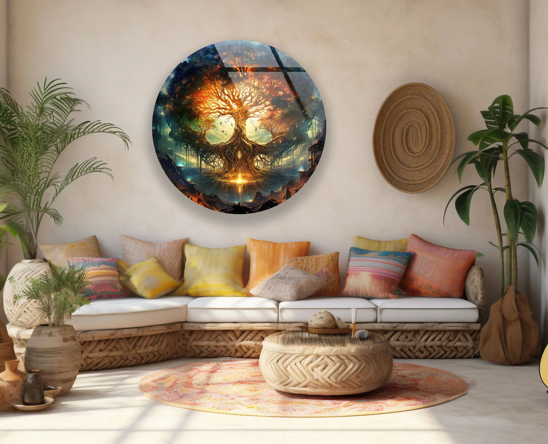 Mystical Tree of Life Round Wall Art – Fantasy Glass Print with Glowing Roots and Branches - MyPhotoStation