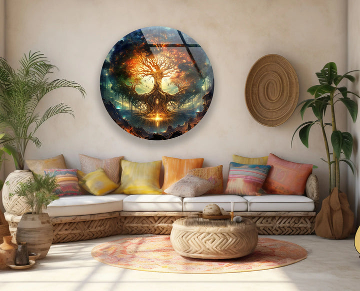 Mystical Tree of Life Round Wall Art – Fantasy Glass Print with Glowing Roots and Branches - MyPhotoStation