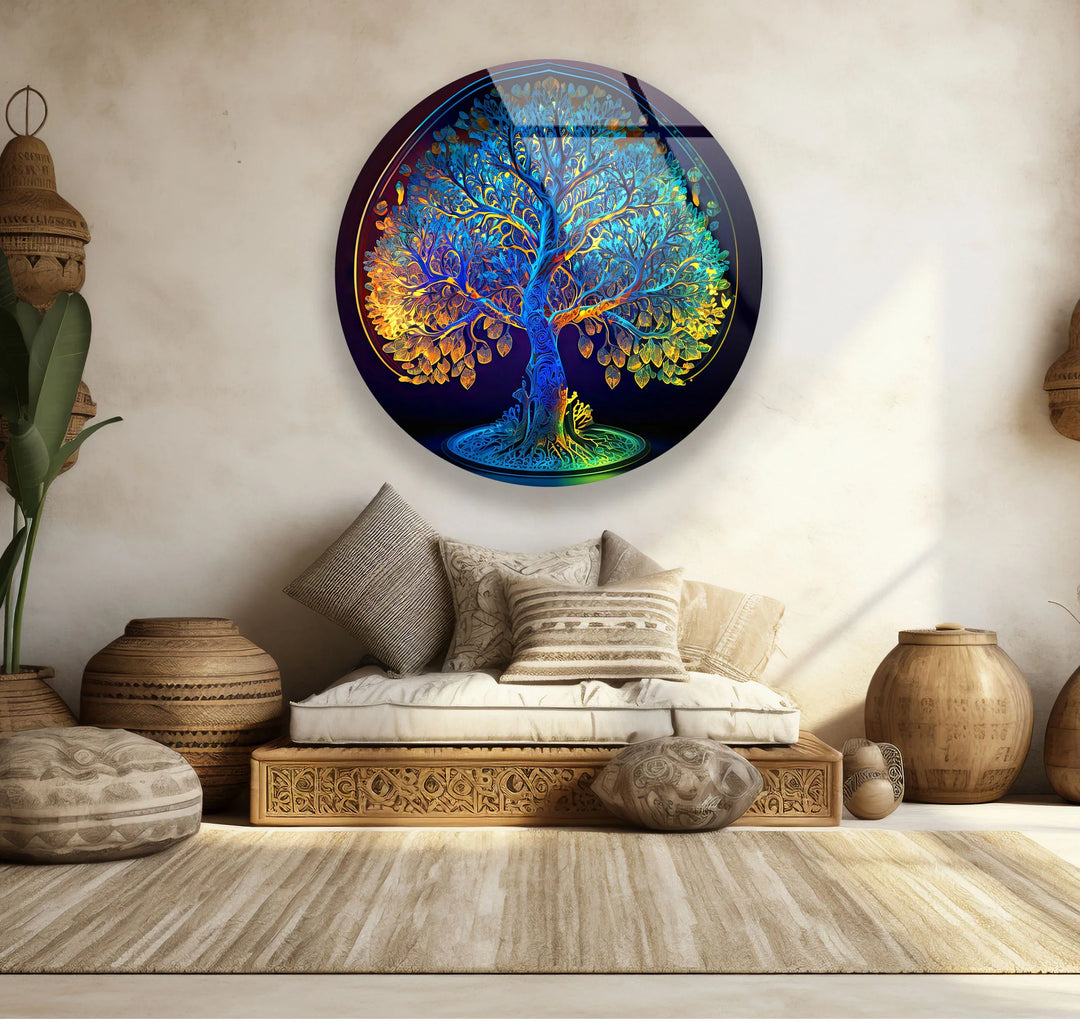 Rainbow Tree of Life Wall Art – Round Glass Decor with Vivid Gradient Colors - MyPhotoStation