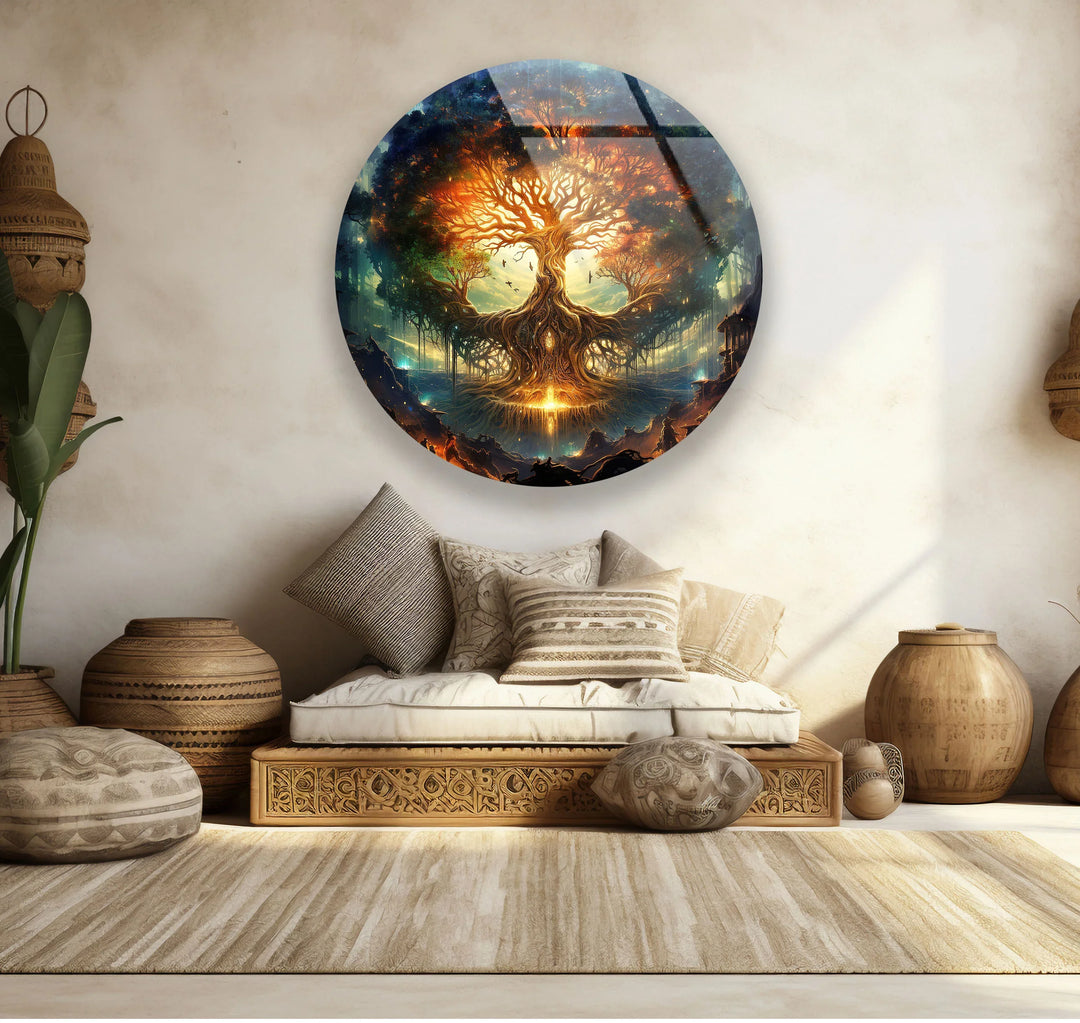 Mystical Tree of Life Round Wall Art – Fantasy Glass Print with Glowing Roots and Branches - MyPhotoStation