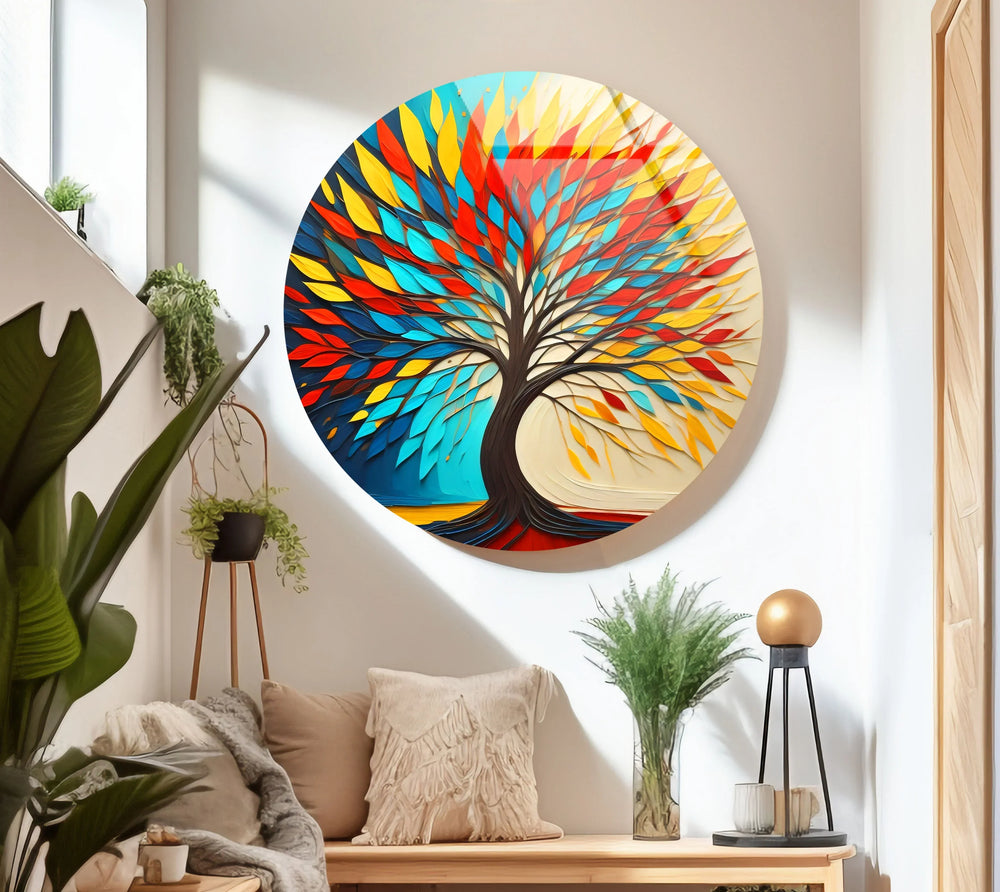 Vibrant Abstract Tree Round Wall Art – Colorful Modern Glass Decor for Home - MyPhotoStation