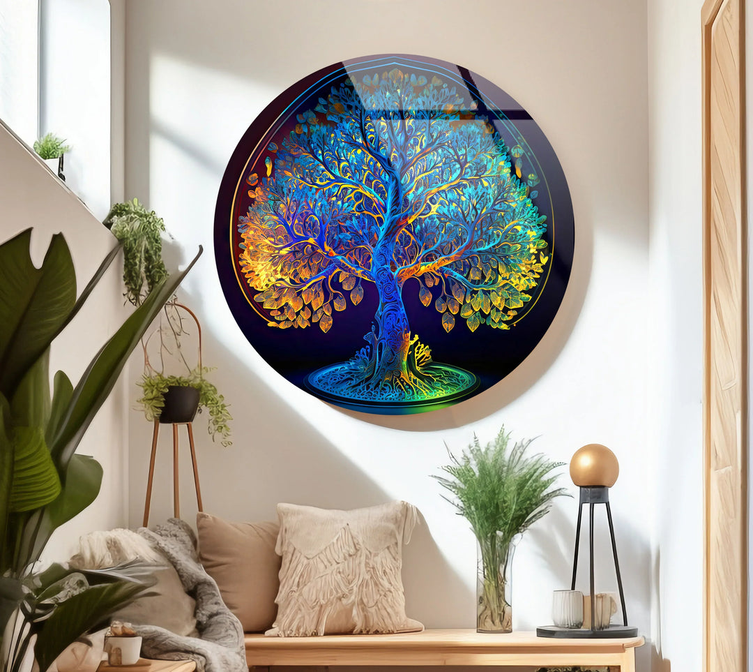 Rainbow Tree of Life Wall Art – Round Glass Decor with Vivid Gradient Colors - MyPhotoStation