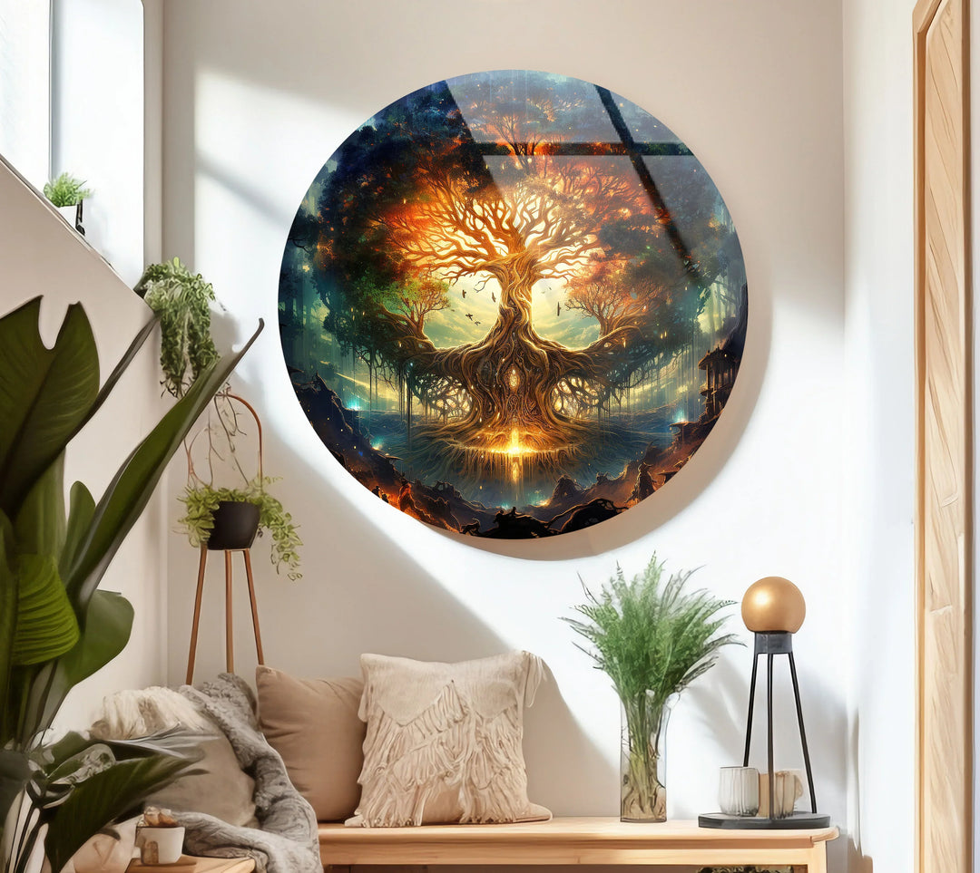 Mystical Tree of Life Round Wall Art – Fantasy Glass Print with Glowing Roots and Branches - MyPhotoStation