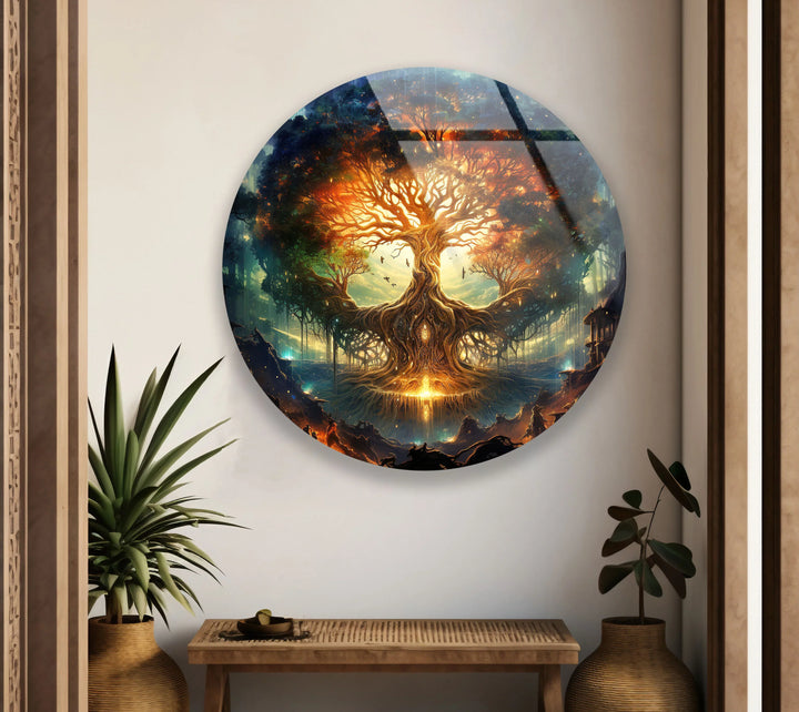Mystical Tree of Life Round Wall Art – Fantasy Glass Print with Glowing Roots and Branches - MyPhotoStation