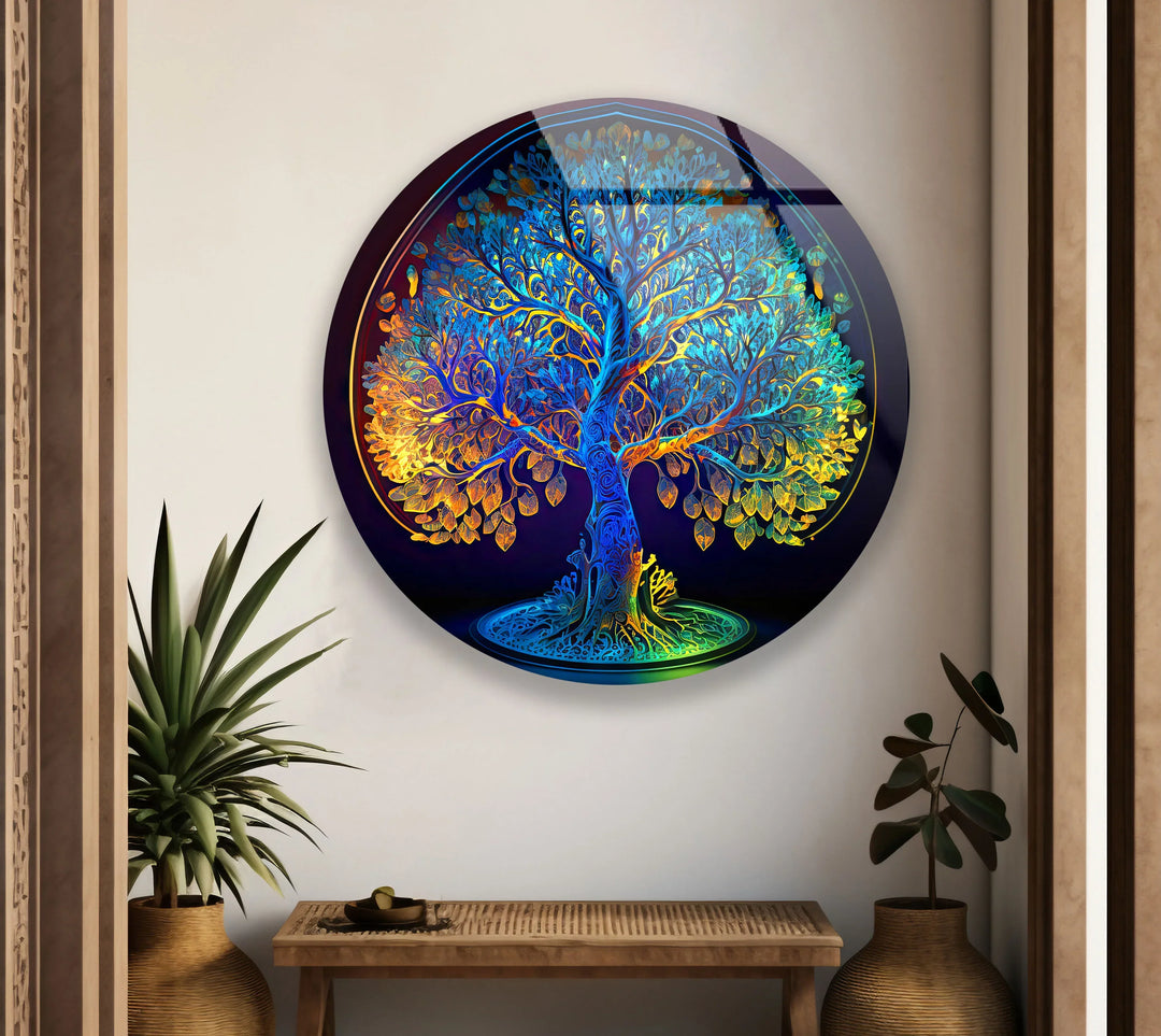 Rainbow Tree of Life Wall Art – Round Glass Decor with Vivid Gradient Colors - MyPhotoStation