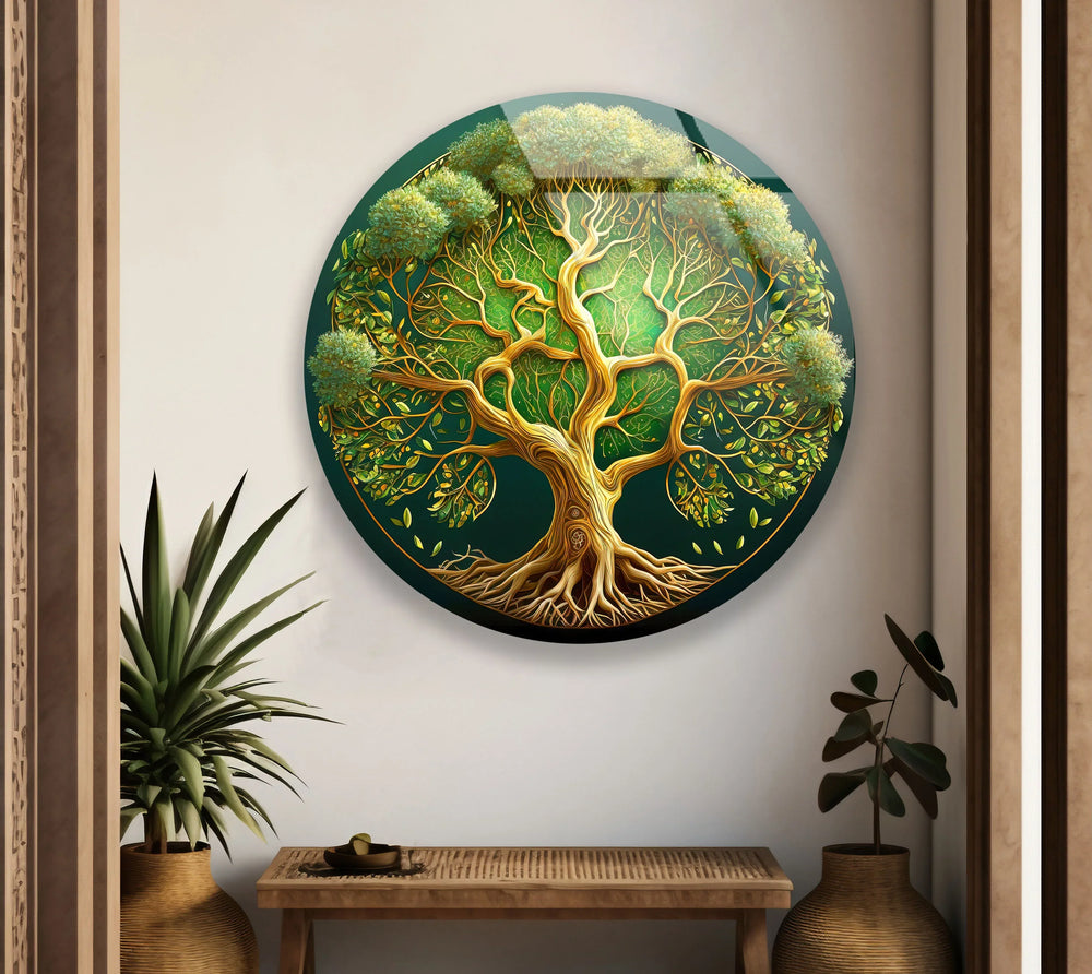 Lush Green Tree of Life Round Wall Art – Nature Inspired Glass Wall Decor - MyPhotoStation