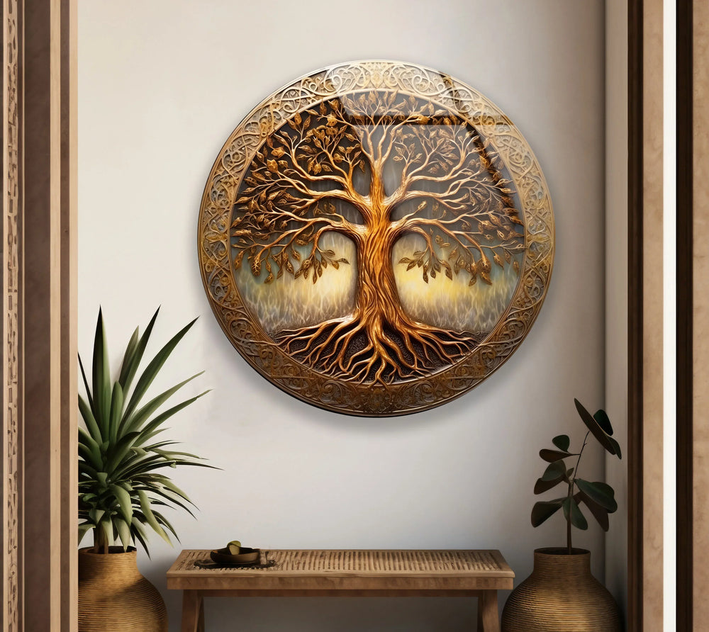 Golden Tree of Life Round Glass Wall Art – Celtic Inspired Spiritual Decor - MyPhotoStation