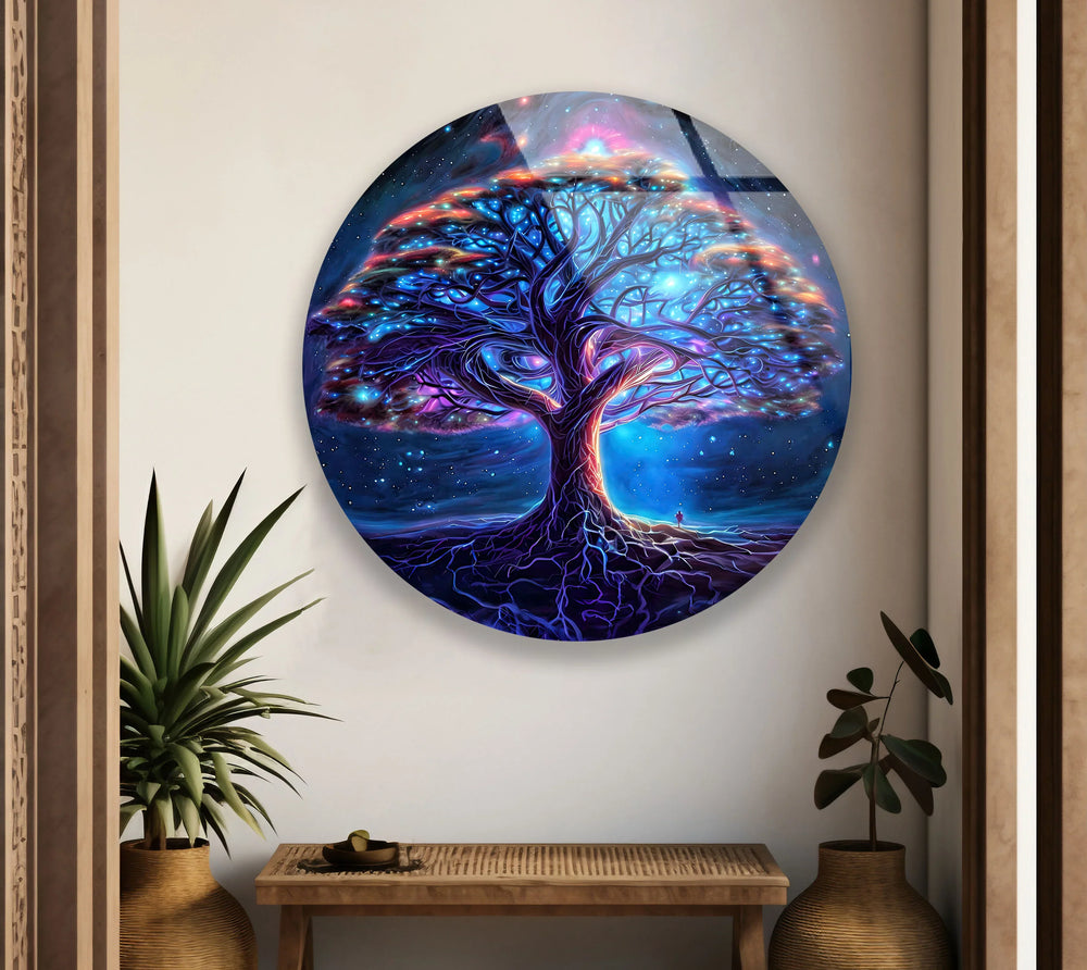 Galaxy Tree of Life Round Glass Wall Art – Mystical Cosmic Home Decor - MyPhotoStation